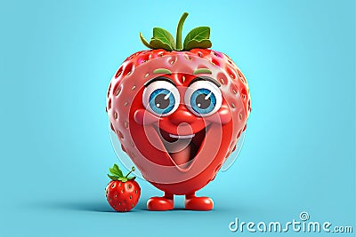 cartoon happy strawberry isolated on blue background, funny illustrated strawberry, childish fruit mockup Stock Photo