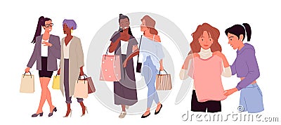 Cartoon happy stylish young shopper woman characters walk with shopping bags, lady trying on clothes in retail store Vector Illustration