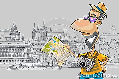 Cartoon happy tourist looking at the map on the background of the old city Vector Illustration