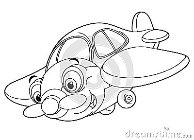 Cartoon happy traditional plane with propeller smiling and flying - coloring page Vector Illustration