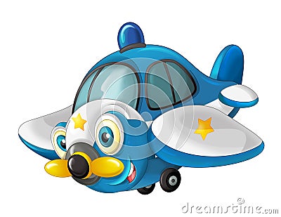 Cartoon happy traditional plane with propeller smiling and flying over city Cartoon Illustration