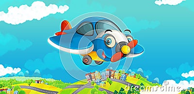 Cartoon happy traditional plane with propeller smiling and flying over city Cartoon Illustration