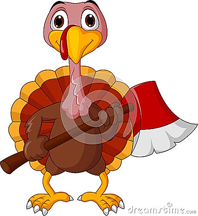 Cartoon happy turkey holding axe Vector Illustration