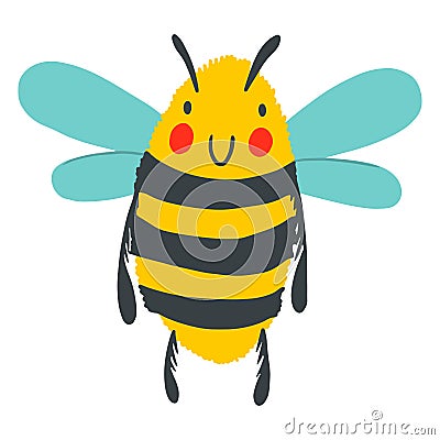 Cartoon happy wasp isolated on white background. Vector childish bee illustration. Cute flat insect perfect for textile, sticker, Vector Illustration