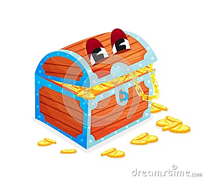 Cartoon happy wooden chest with gold and eyes Vector Illustration