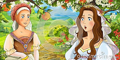 Cartoon happy young bride and servant talking in the garden full of roses Cartoon Illustration