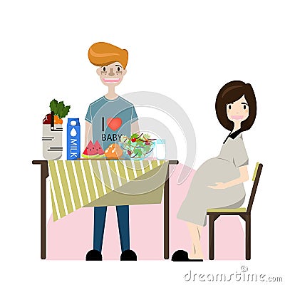 Cartoon happy young family vector illustration. Smiling pregnant woman and her husband. Maternity and care character symbols. Vector Illustration