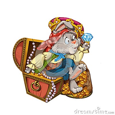 Cartoon hare pirate sits on a chest with jewelry. Cartoon Illustration