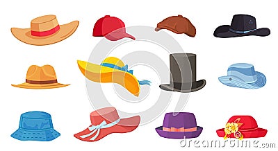 Cartoon hats. Female and male headwear, derby and cowboy, straw hat, cap, panama and cylinder. Summer women vintage Vector Illustration