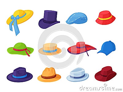 Cartoon hats, head accessories male and female. Isolated hat, cap and beret. Man vintage gentlemen cylinder. Different Vector Illustration