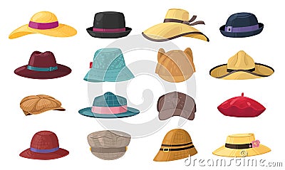 Cartoon hats. Stylish man and woman headwear set, vintage classic and modern head accessory, summer or autumn, gentleman Vector Illustration