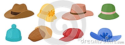 Cartoon hats vector set. Female and male headgear, kepi, knitted hat, cowboy, cap, panama. Summer women vintage fashion Vector Illustration