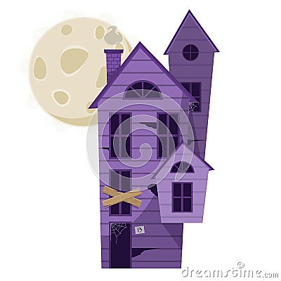Cartoon haunted purple wooden witch house with full moon. Vector Illustration