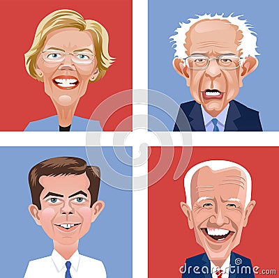 Cartoon heads of four Democratic candidates, Elizabeth Warren, Bernie Sanders, Pete Buttigieg and Joe Biden. Vector Illustration