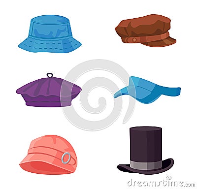 Cartoon headwear. Female and male different style headdress. Elegant and sport fashion accessory as bonnet Vector Illustration