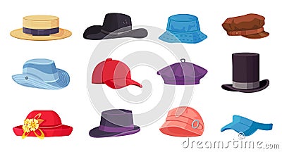 Cartoon headwears. Summer male and female fashion hats, cap, beret and cylinder. Cowboy and straw hat. Vintage clothes Vector Illustration