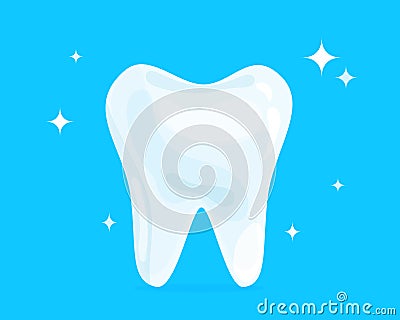 Cartoon healthy bright shining tooth. Concept of dental health care, cleaning teeth, whitening, caries prevention Vector Illustration