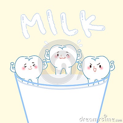 Cartoon healthy tooth with milk Vector Illustration