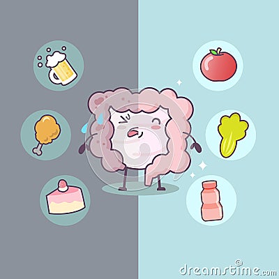 Cartoon Healthy and unhealthy intestine Vector Illustration