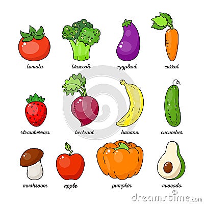 Cartoon healthy vegetable set. Vegetable and fruits isolated on white background. Vector Illustration