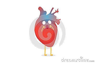 Cartoon heart character pain emotion. Unhealthy sick emoji. Circulatory organ shock and attack concept. Mascot scream Vector Illustration