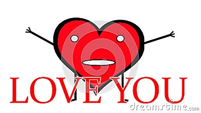 Cartoon heart shaped image with the words `love you`, isolated on white background. Stock Photo