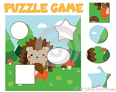 Cartoon hedgehog in forest. Puzzle for toddlers. Match pieces and complete picture. Educational game for children Vector Illustration