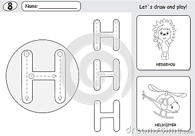 Cartoon hedgehog and helicopter. Alphabet tracing worksheet: writing A-Z and educational game for kids Vector Illustration