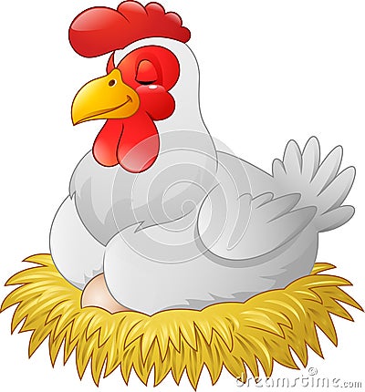 Cartoon hen incubating her eggs on nest of straw Vector Illustration