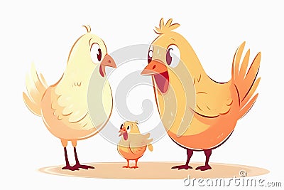 Cartoon hen and rooster teaches chick on white background Cartoon Illustration