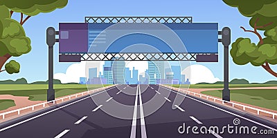 Cartoon highway. Empty road with city skyline on horizon and nature landscape, highway view. Vector scene with road to Vector Illustration