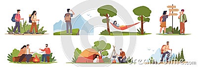 Cartoon hiking characters. Male and female tourists expedition, travelling on nature, people sitting by fire, resting in Vector Illustration