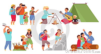 Cartoon hiking characters. Travelling people, funny woman travel with family. Young group in camping, scouts adventures Vector Illustration