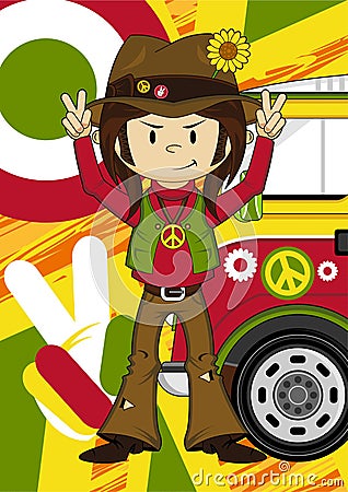 Cartoon Hippie with Camper Van Vector Illustration