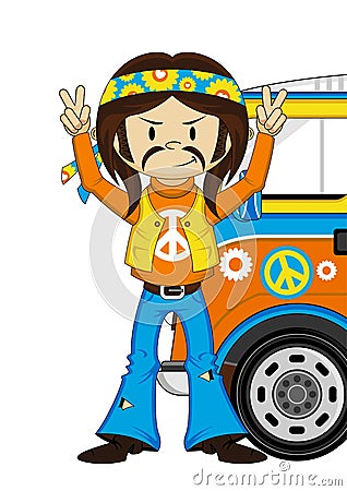 Cartoon Hippie with Camper Van Vector Illustration