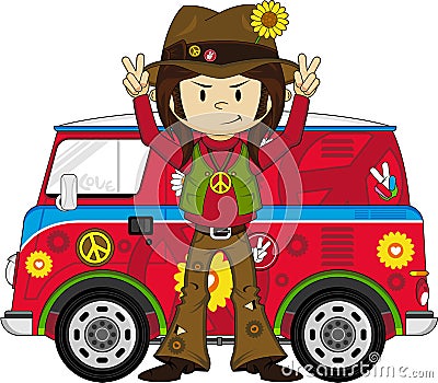 Cartoon Hippie with Camper Van Vector Illustration