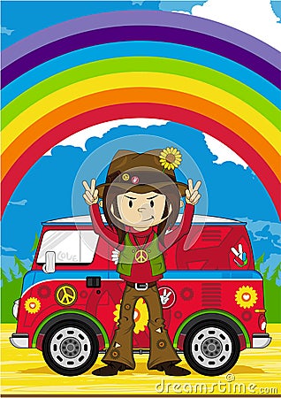 Cartoon Hippie with Camper Van Vector Illustration