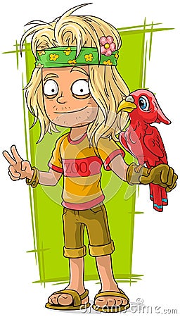 Cartoon hippie man with red bird Vector Illustration