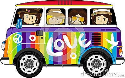 Cartoon Hippies and Camper Van Vector Illustration
