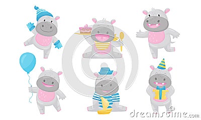 Cartoon Hippo Boy Character Holding Balloon and Eating Cake Vector Set Vector Illustration