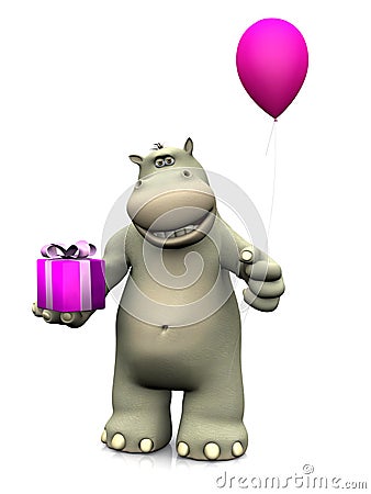 Cartoon hippo holding birthday gift and balloon. Stock Photo