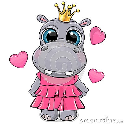 Cartoon Hippo Princess in a pink dress with hearts Vector Illustration