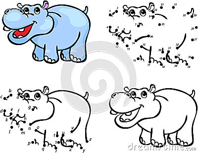 Cartoon hippo. Vector illustration. Coloring and dot to dot game Vector Illustration