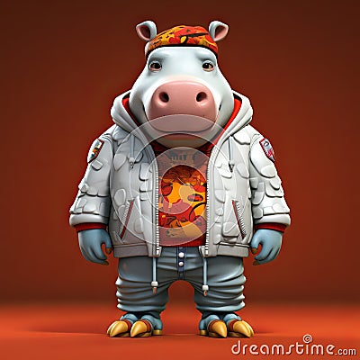Cartoon Hippo In Zbrush Style: Hip Hop Aesthetics And Cold Atmosphere Stock Photo