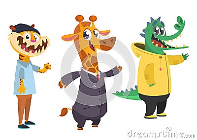 Cartoon hipster animals set. Animal in clothing. Casual style. Cartoon vector illustration. Tiger, giraffe, crocodile. Vector Illustration