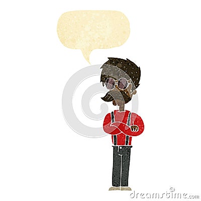 cartoon hipster man with mustache and spectacles with speech bub Stock Photo