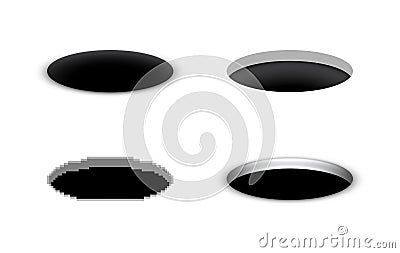 Hole in the ground, vector black cartoon hole in various styles Vector Illustration
