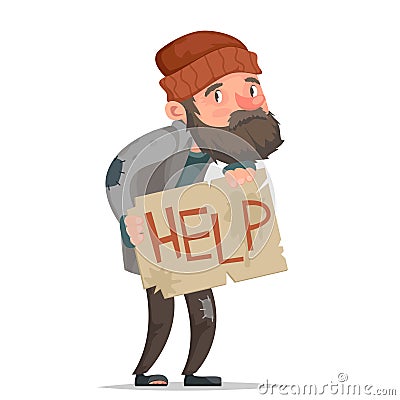 Cartoon homeless bum piece cardboard inscription paper help character vector illustration Vector Illustration