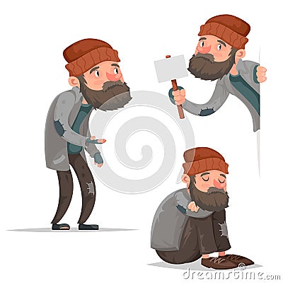 Cartoon homeless bum poor male depressed character isolated icons set design vector illustration Vector Illustration