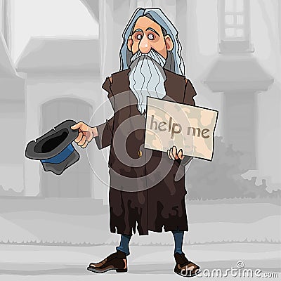 Cartoon homeless gray haired man begs for alms on the street Vector Illustration